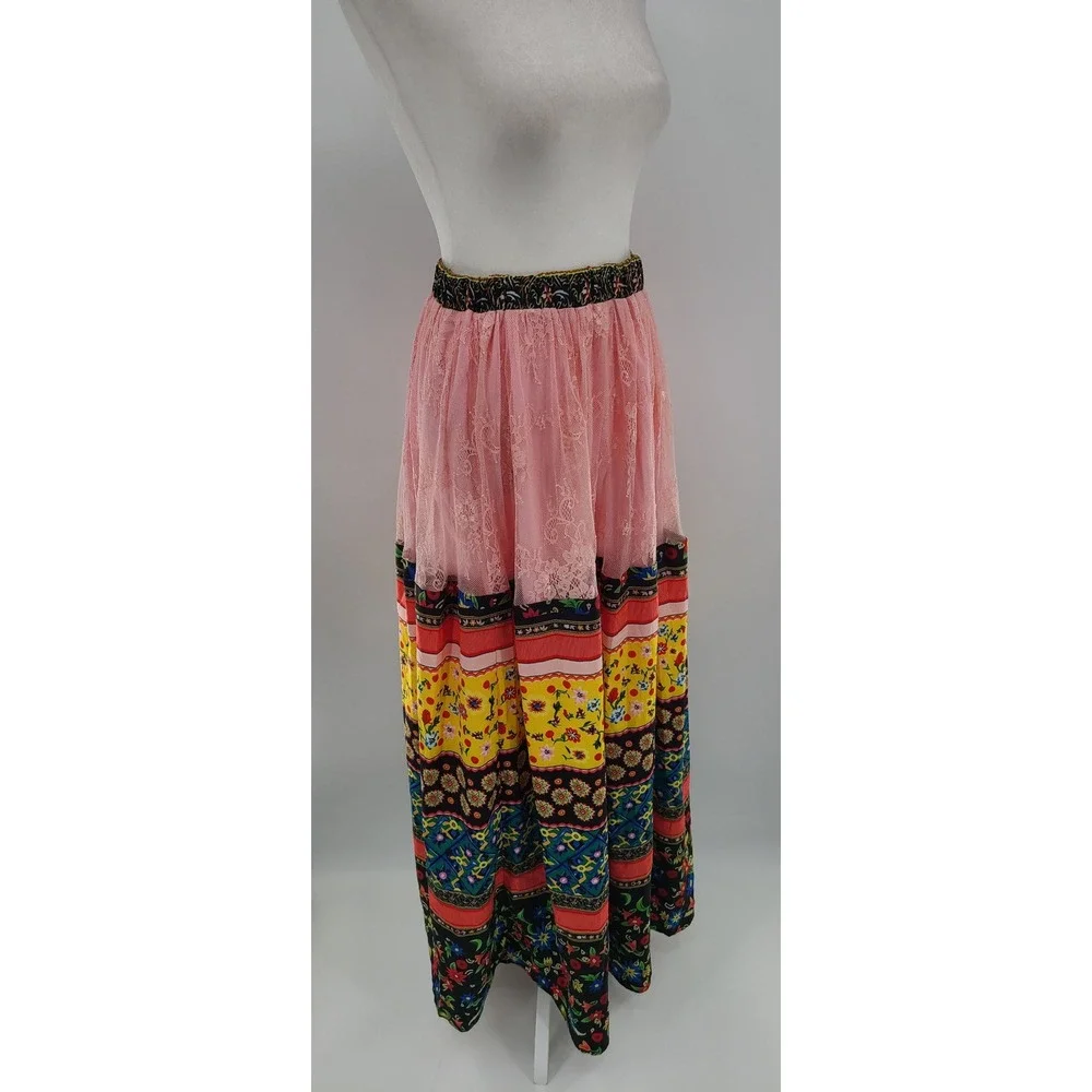 Patchwork Boho Festival‎ Tiered Maxi Women Skirt Size S Layered Floral Lace